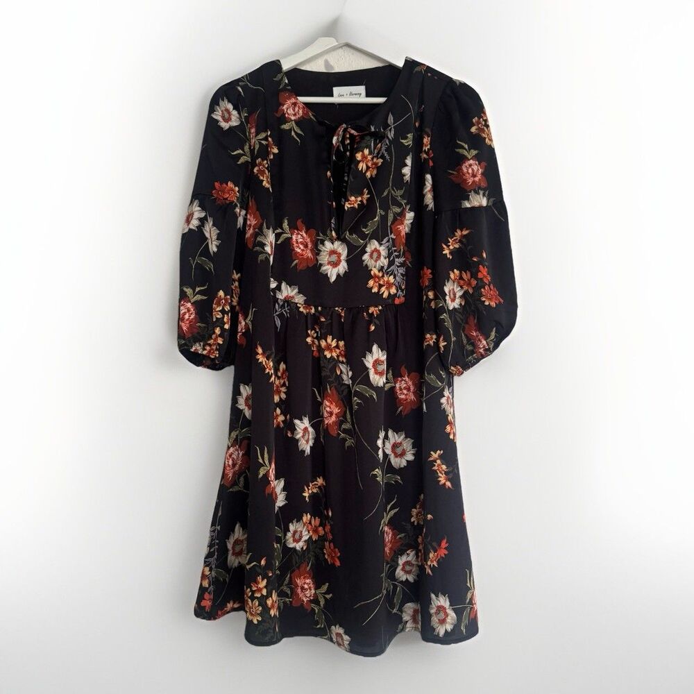 Love + Harmony Dress Oversized Sz M L Black Floral Ruffle Mini Boho Chic Cottage